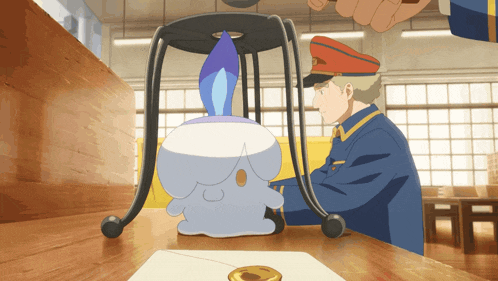 a man in a blue uniform is looking at a cartoon character