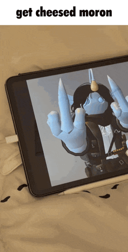 a tablet with a picture of a robot giving the middle finger and the words get cheesed moron