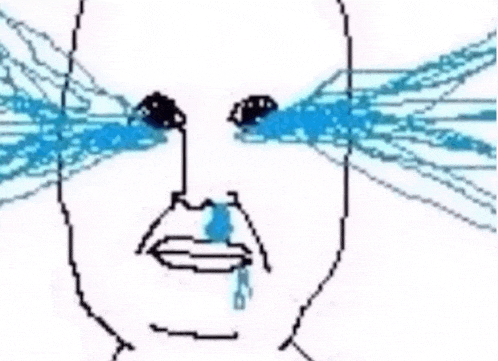 a pixel art drawing of a man 's face with blue tears coming out of his eyes .