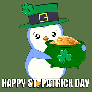 a penguin in a leprechaun hat holds a pot of gold