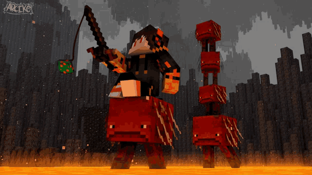 a minecraft character is holding a sword and a lantern