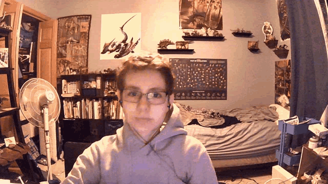 a person in a room with a poster on the wall that says ' a '