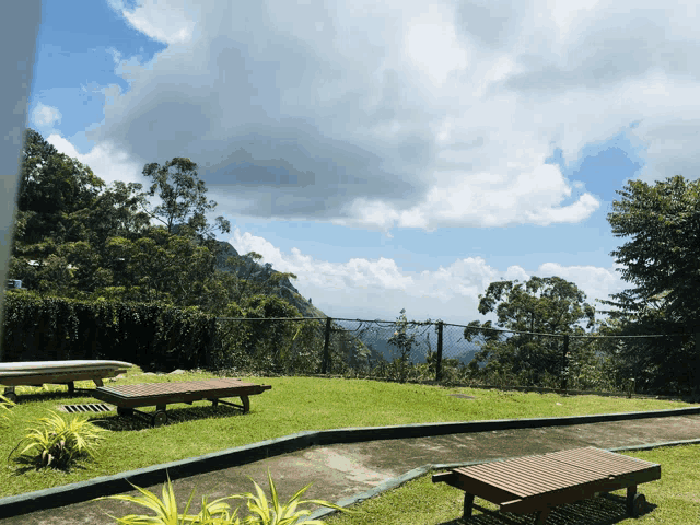 a fenced in area with a view of a mountain and trees