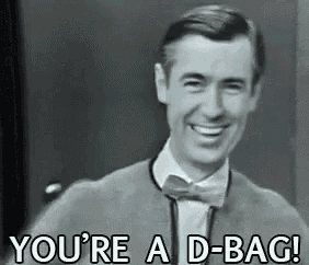 a man in a suit and bow tie is smiling and says `` you 're a d-bag '' .