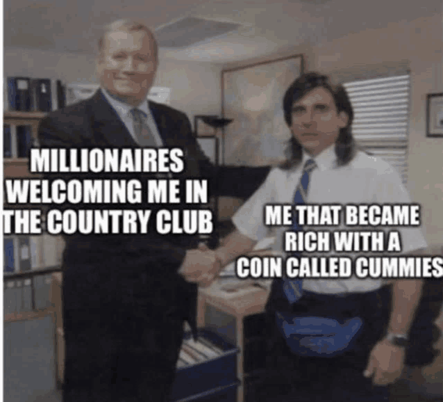 two men shaking hands with a caption that says " millionaires welcoming me in the country club "