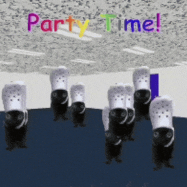 a group of black cats are dancing in front of a sign that reads party time