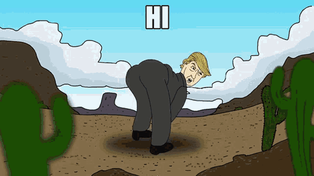 a cartoon of donald trump says hi in a desert