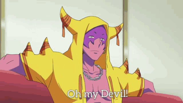 a cartoon character with horns and the words oh my devil on the bottom