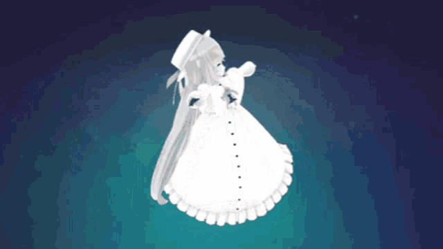 a girl in a white dress and hat is standing in the dark