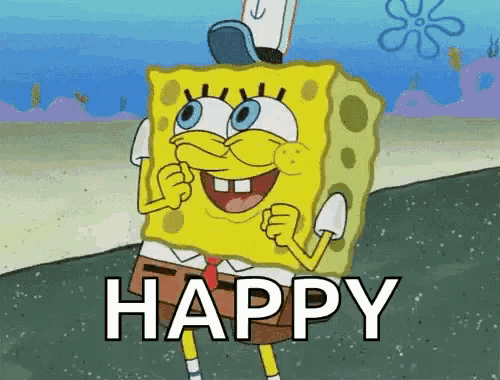 a cartoon of spongebob squarepants with the word happy in the corner .