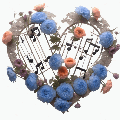a heart made out of music notes and flowers with a white background