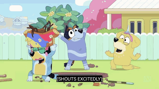 a cartoon dog says shouts excitedly in the middle of a scene
