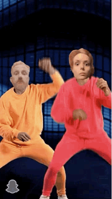 a man and a woman are dancing with a snapchat logo in the background