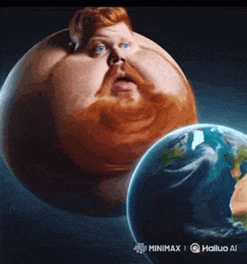 a cartoon of a man with a beard standing next to a planet