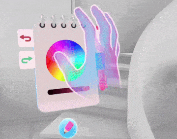 a pink notebook with a rainbow colored circle on it and arrows pointing up and down