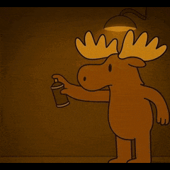 a cartoon moose is holding a can and says " give me acorn "