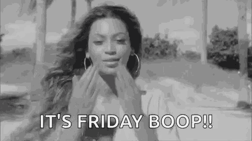 a black and white photo of a woman covering her face with her hands and the words `` it 's friday boop ! ''