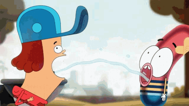 a cartoon character wearing a blue hat is talking to a sausage