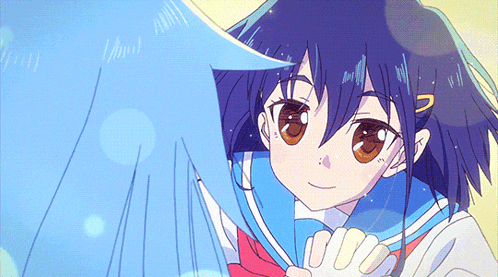 a girl in a school uniform with blue hair and brown eyes