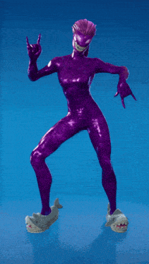 a woman in a purple bodysuit with shark slippers on her feet