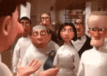 a group of cartoon characters are standing around a man holding a pigeon .