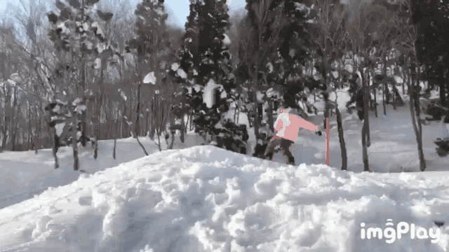 a person in a pink jacket is skiing down a snow covered slope .