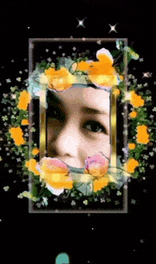 a woman 's face is surrounded by yellow flowers