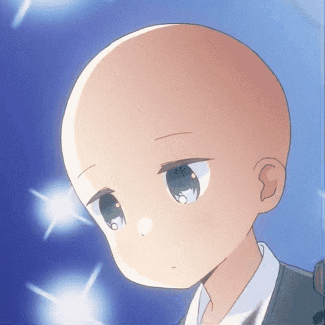 a cartoon character with a bald head and a blue sky in the background
