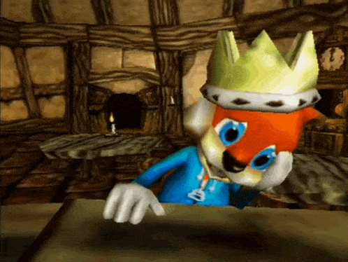 a cartoon character is wearing a crown and a blue shirt