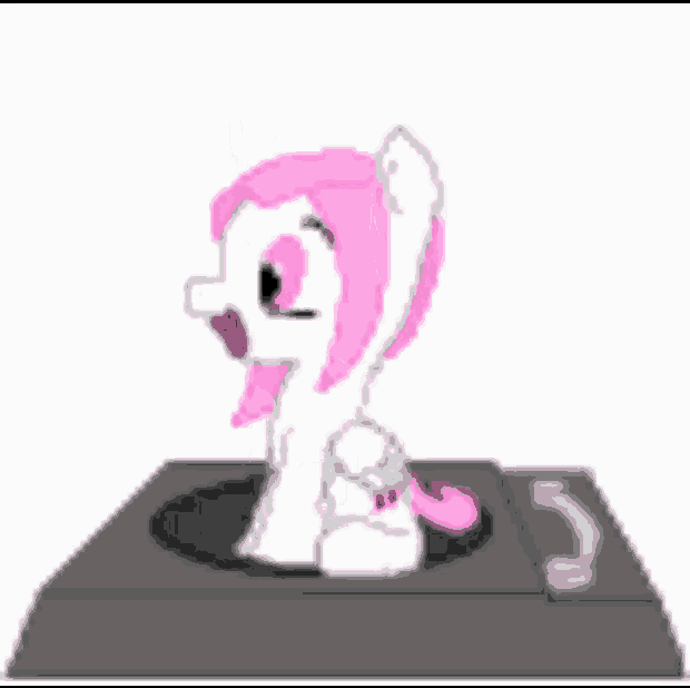 a pink and white pony is sitting on a turntable .