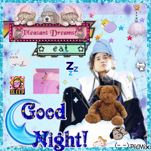 a good night greeting card with a teddy bear and cats