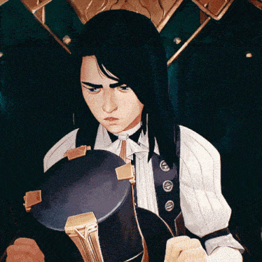 a cartoon of a man with long black hair holding a black object