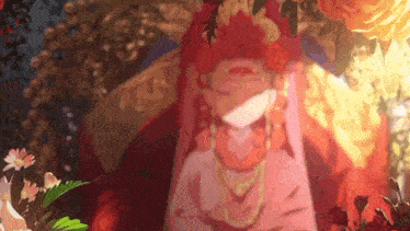 a woman in a red dress is surrounded by flowers and leaves