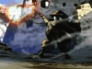 a man in a cape is holding a shotgun in his right hand