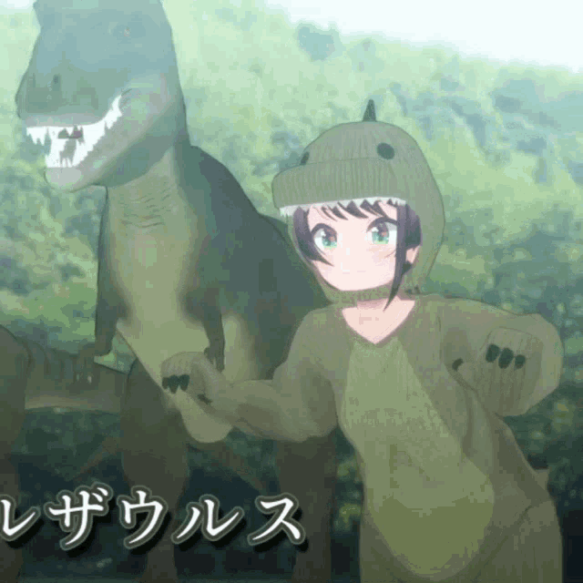 a girl in a dinosaur costume is standing in front of a dinosaur