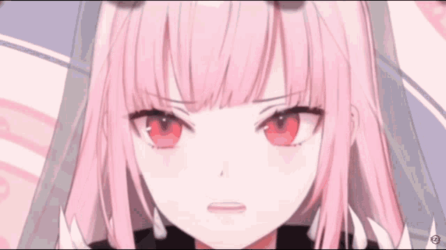 a close up of a pink haired anime girl