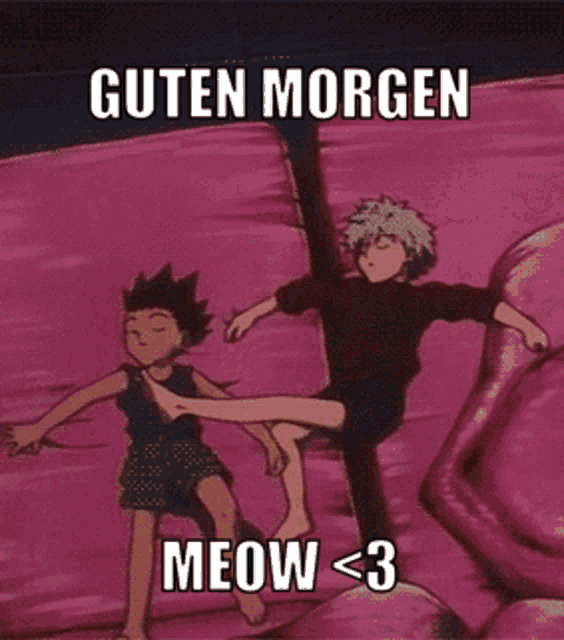a couple of anime characters laying on a bed with the words guten morgen meow < 3 below them