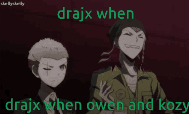 three anime characters are standing next to each other with the words " drajx when drajx when owen and kozy "