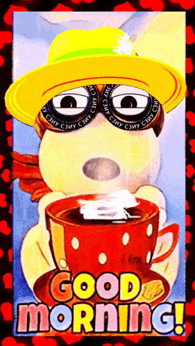 a cartoon of a dog holding a cup of coffee with the words good morning