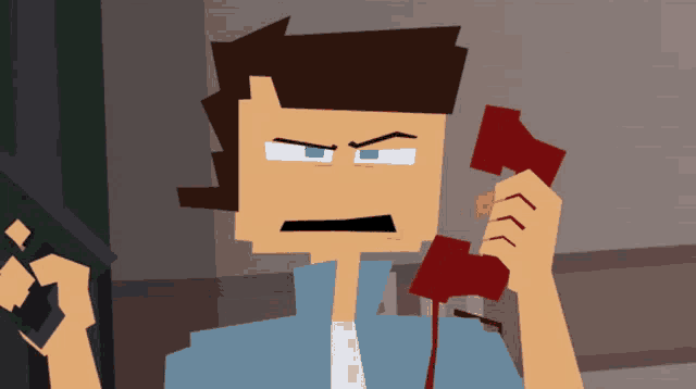 a cartoon character talking on a red telephone