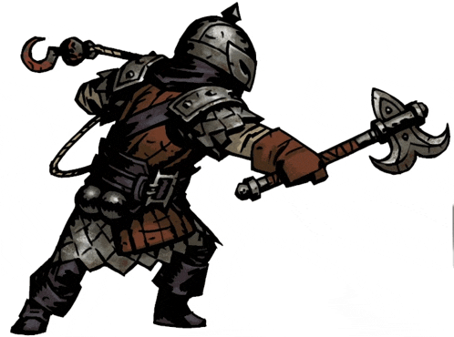 a drawing of a knight holding a large axe and a whip