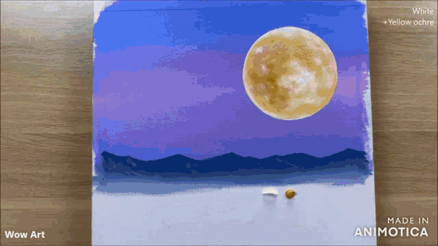 a painting of a full moon with mountains in the background