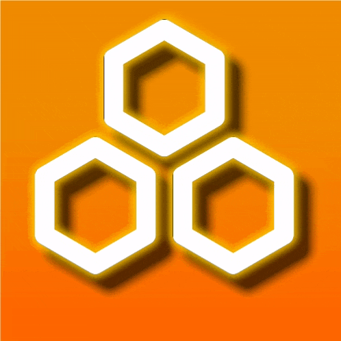 three white hexagons on an orange background with a shadow
