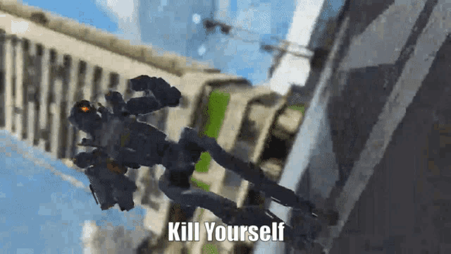 a robot is flying through the air with the words kill yourself on the bottom