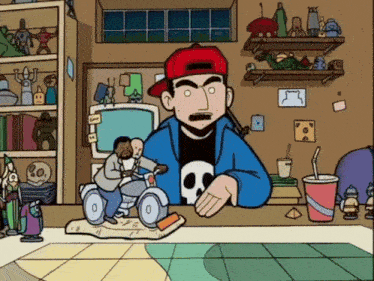 a cartoon drawing of a man wearing a red hat and a skull shirt