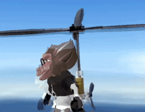 a cartoon monkey is flying a helicopter with a blue sky in the background