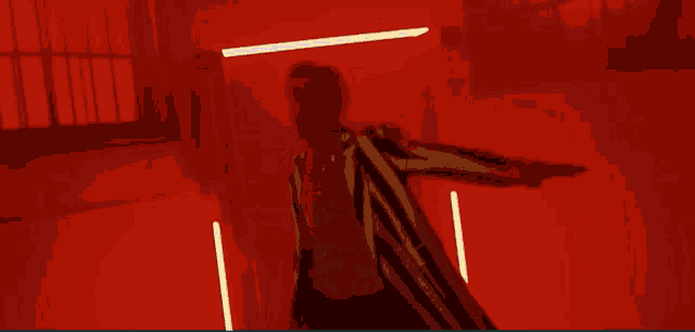 a purple and red background with a yellow light coming out of the door