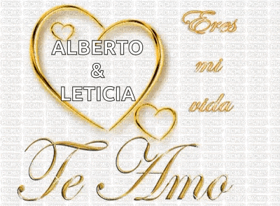a gold heart with the words alberto & leticia te amo on a white background .