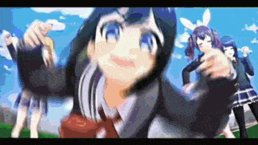 a group of anime girls are standing in a field .