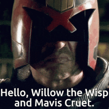 a man wearing a helmet with the words hello willow the wisp and mavis cruet below him